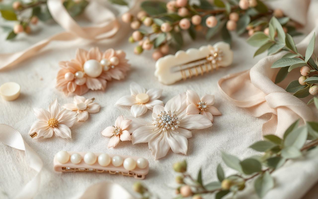 Photo réaliste d'un assortiment d'accessoires cheveux en résine et en soie disposés sur une table en bois clair avec un linge en lin et quelques brins de verdure. Gros plan sur la brillance des barrettes en résine, les pétales de soie délicats, des clips métalliques et des rubans, éclairage naturel diffus, tons pastel rose, ivoire, vert sauge et touches ambrées.