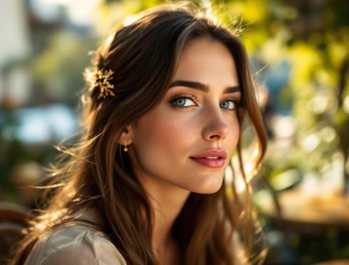 portrait-naturel-dune-femme-portant-une-barrette-en-or-prise-en-terrasse-ensoleillee-avec-arriere-plan-flou-de-feuillage-urbain-et-tons-bleus-et-verts-lumiere-chaude-et-ambiance-calme