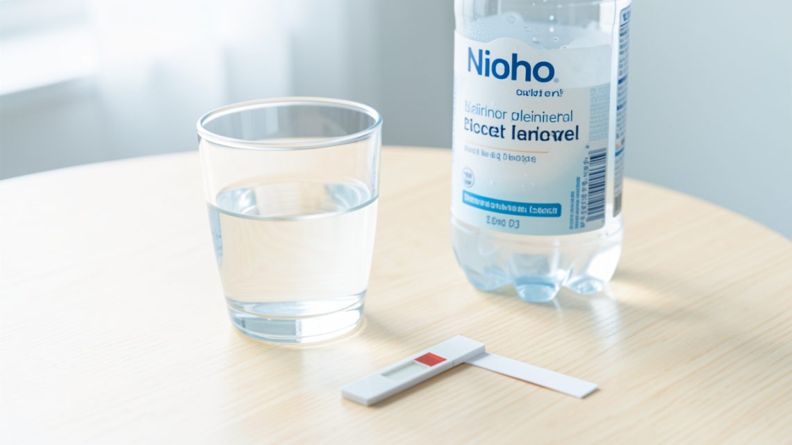 Verre d’eau claire posé sur une table lumineuse, accompagné d’une bouteille d’eau minérale sans étiquette et d’une bandelette de mesure du pH, dans une ambiance douce et réaliste.