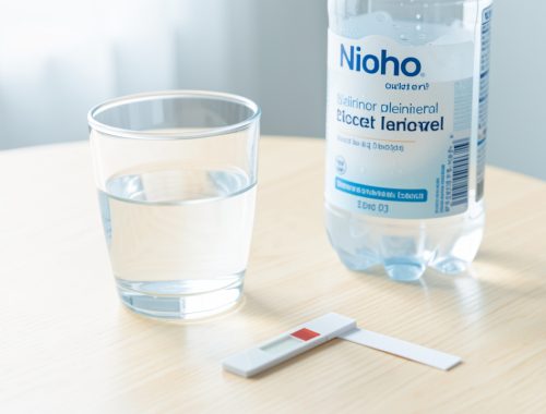 Verre d’eau claire posé sur une table lumineuse, accompagné d’une bouteille d’eau minérale sans étiquette et d’une bandelette de mesure du pH, dans une ambiance douce et réaliste.
