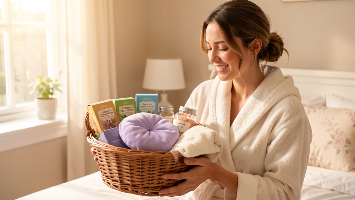 Une femme fatiguée reçoit avec soulagement un panier cadeau bien-être contenant une tisane, un coussin pour les yeux, des sels de bain et un peignoir doux.