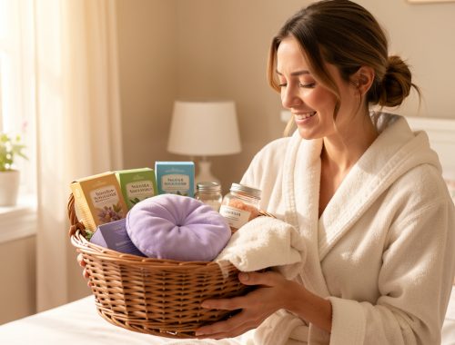 Une femme fatiguée reçoit avec soulagement un panier cadeau bien-être contenant une tisane, un coussin pour les yeux, des sels de bain et un peignoir doux.