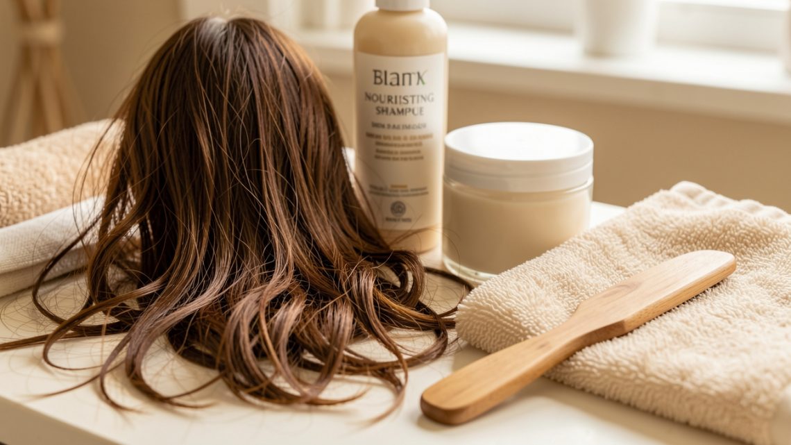 Cheveux bruns secs et cassants avec pointes fourchues, entourés de soins capillaires sans étiquette, d’un peigne en bois et d’une serviette douce.