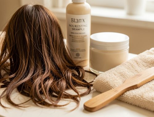 Cheveux bruns secs et cassants avec pointes fourchues, entourés de soins capillaires sans étiquette, d’un peigne en bois et d’une serviette douce.