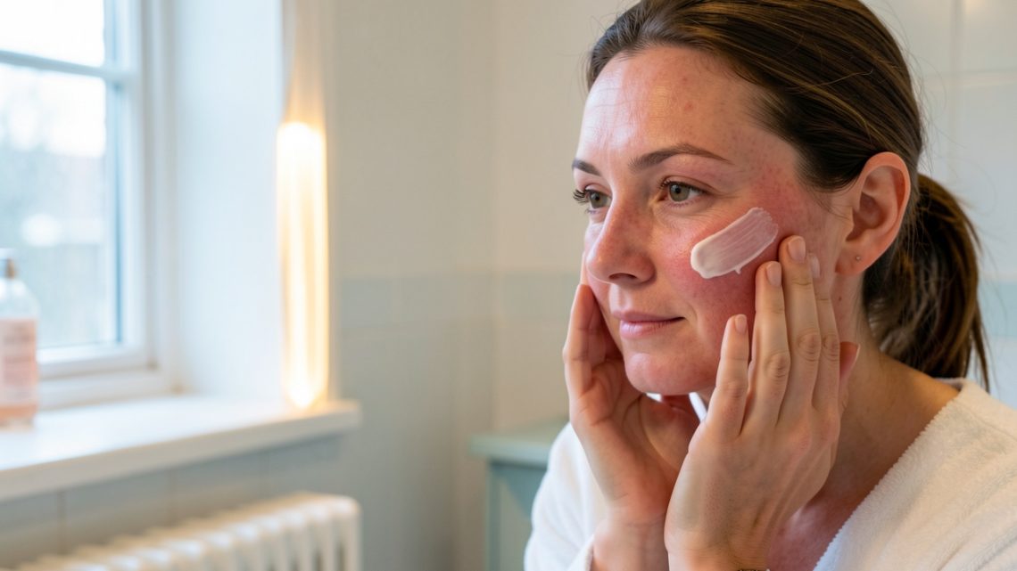 Une femme applique délicatement une crème hydratante sur ses joues sèches et légèrement rougies dans une salle de bains éclairée par une lumière hivernale douce.