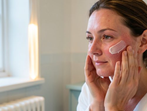 Une femme applique délicatement une crème hydratante sur ses joues sèches et légèrement rougies dans une salle de bains éclairée par une lumière hivernale douce.