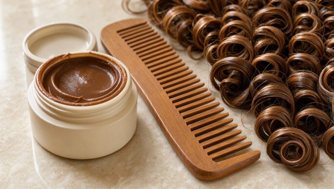Pot de crème sans étiquette posé près d’un peigne à dents larges et de boucles naturelles bien définies.