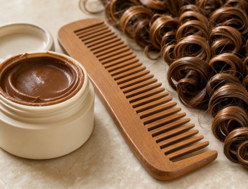 Pot de crème sans étiquette posé près d’un peigne à dents larges et de boucles naturelles bien définies.