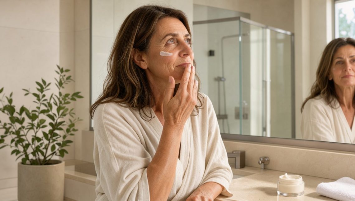 Femme d’une cinquantaine d’années appliquant doucement une crème hydratante sur son visage dans une salle de bain lumineuse et apaisante.