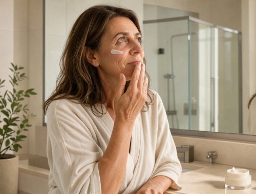 Femme d’une cinquantaine d’années appliquant doucement une crème hydratante sur son visage dans une salle de bain lumineuse et apaisante.