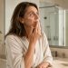 Femme d’une cinquantaine d’années appliquant doucement une crème hydratante sur son visage dans une salle de bain lumineuse et apaisante.