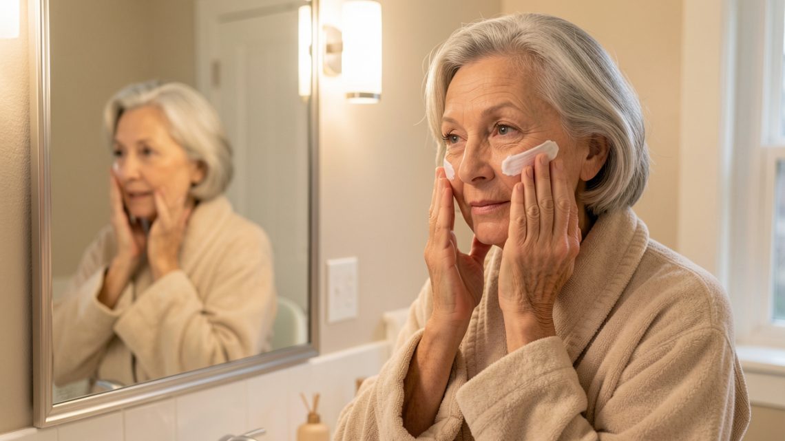 Femme d’une soixantaine d’années appliquant délicatement une crème sur son visage devant un miroir lumineux dans une salle de bain aux tons doux.