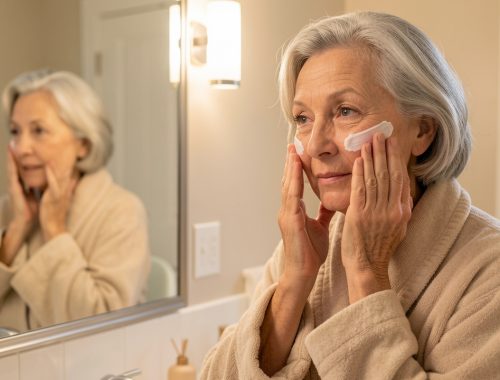 Femme d’une soixantaine d’années appliquant délicatement une crème sur son visage devant un miroir lumineux dans une salle de bain aux tons doux.