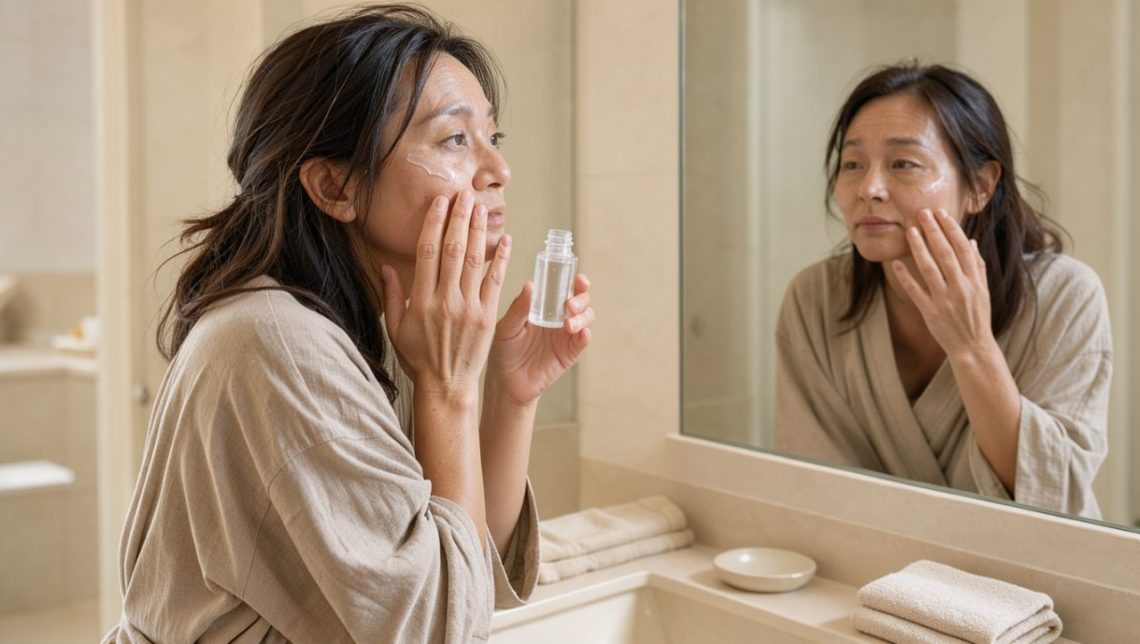 Femme de plus de 40 ans appliquant délicatement un sérum sur son visage devant un miroir dans une salle de bain lumineuse.