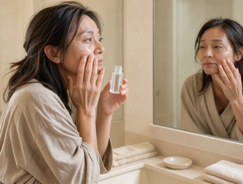 Femme de plus de 40 ans appliquant délicatement un sérum sur son visage devant un miroir dans une salle de bain lumineuse.