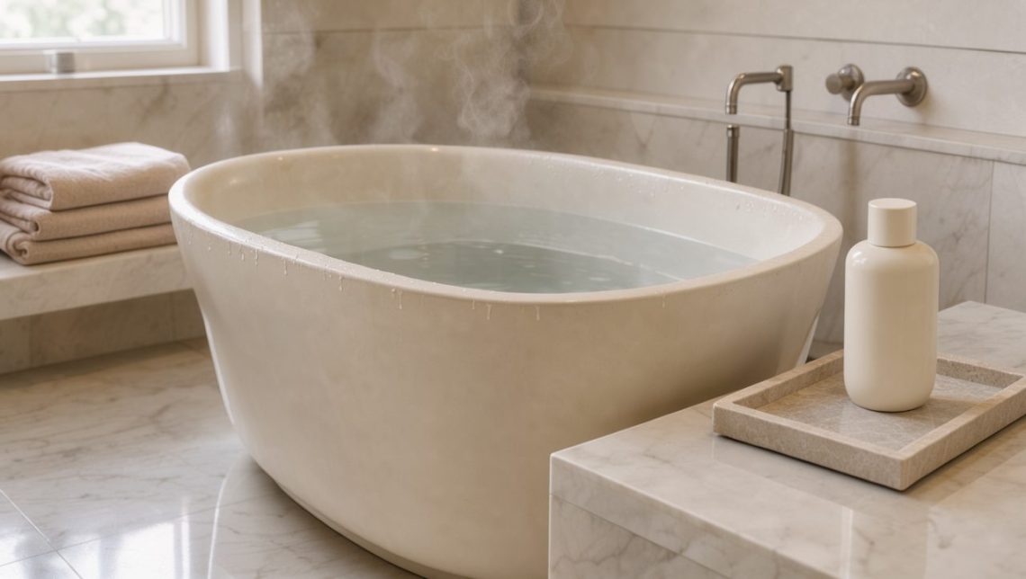 Salle de bains lumineuse avec une baignoire chaude fumante, des serviettes beiges soigneusement pliées et un flacon de soin pour le corps dans une ambiance spa douce.