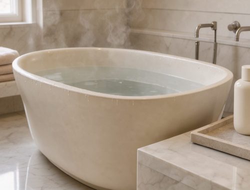 Salle de bains lumineuse avec une baignoire chaude fumante, des serviettes beiges soigneusement pliées et un flacon de soin pour le corps dans une ambiance spa douce.